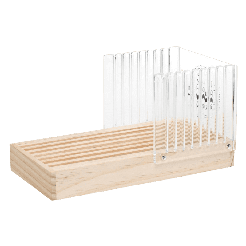Wooden bread slicing guide featuring a removable tray to catch crumbs and clear acrylic panels to ensure even slices, ideal for kitchen and baking helpers collections.