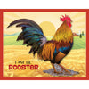 Illustration of a colorful rooster standing on a farm field with a sunrise background, featured in children's toys and puzzles from best sellers and games collections.