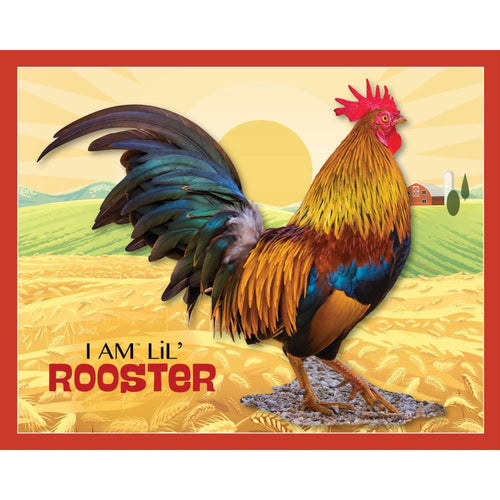 Illustration of a colorful rooster standing on a farm field with a sunrise background, featured in children's toys and puzzles from best sellers and games collections.