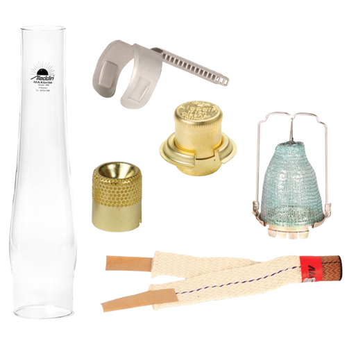 Complete replacement parts kit for oil lamps including glass chimney, brass burner parts, flame spreader, and cotton wicks, suitable for Lamps & Lighting and Parts and Accessories collections.
