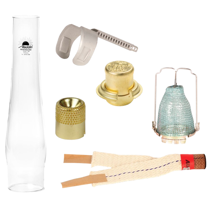 Complete replacement parts kit for oil lamps including glass chimney, brass burner parts, flame spreader, and cotton wicks, suitable for Lamps & Lighting and Parts and Accessories collections.