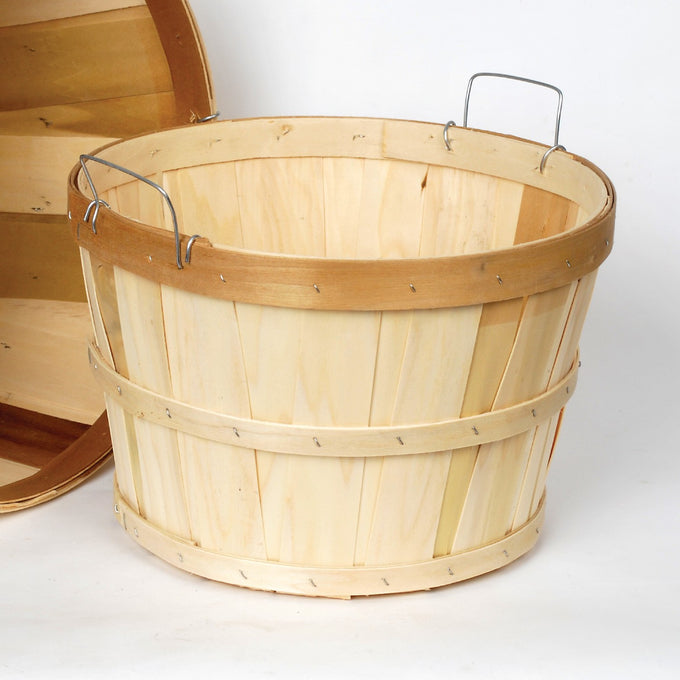 Handcrafted raw poplar wood half bushel basket with metal wire handles, suitable for Farm, Garden & Tool, Garden Accessories, USA Made, Best Sellers, Promo Eligible collections.