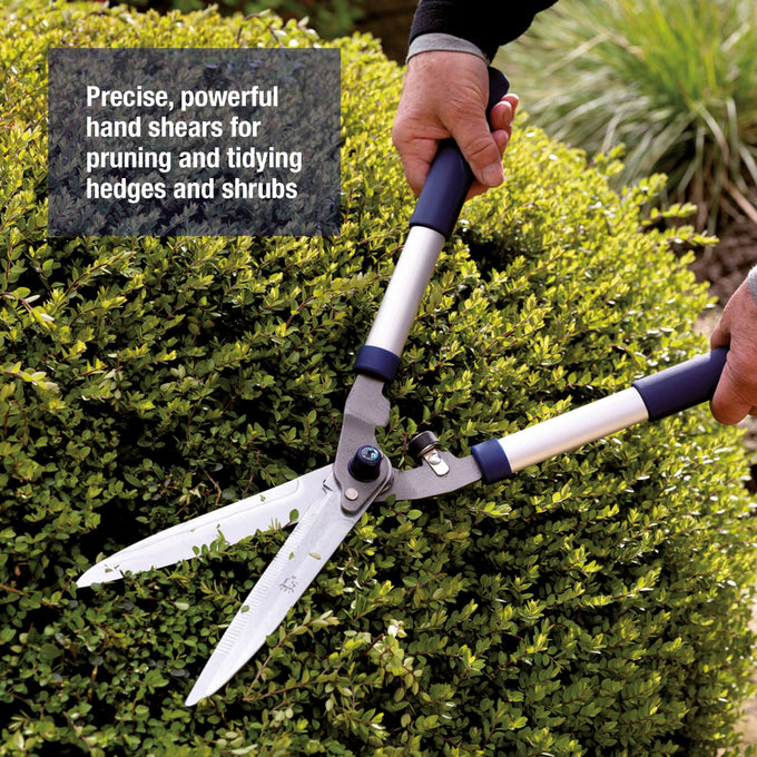 Notched hedge shears with chrome-plated, hardened C50 carbon steel blades and cushioned blue handles, lightweight yet durable for pruning thicker stems in garden and farm settings.