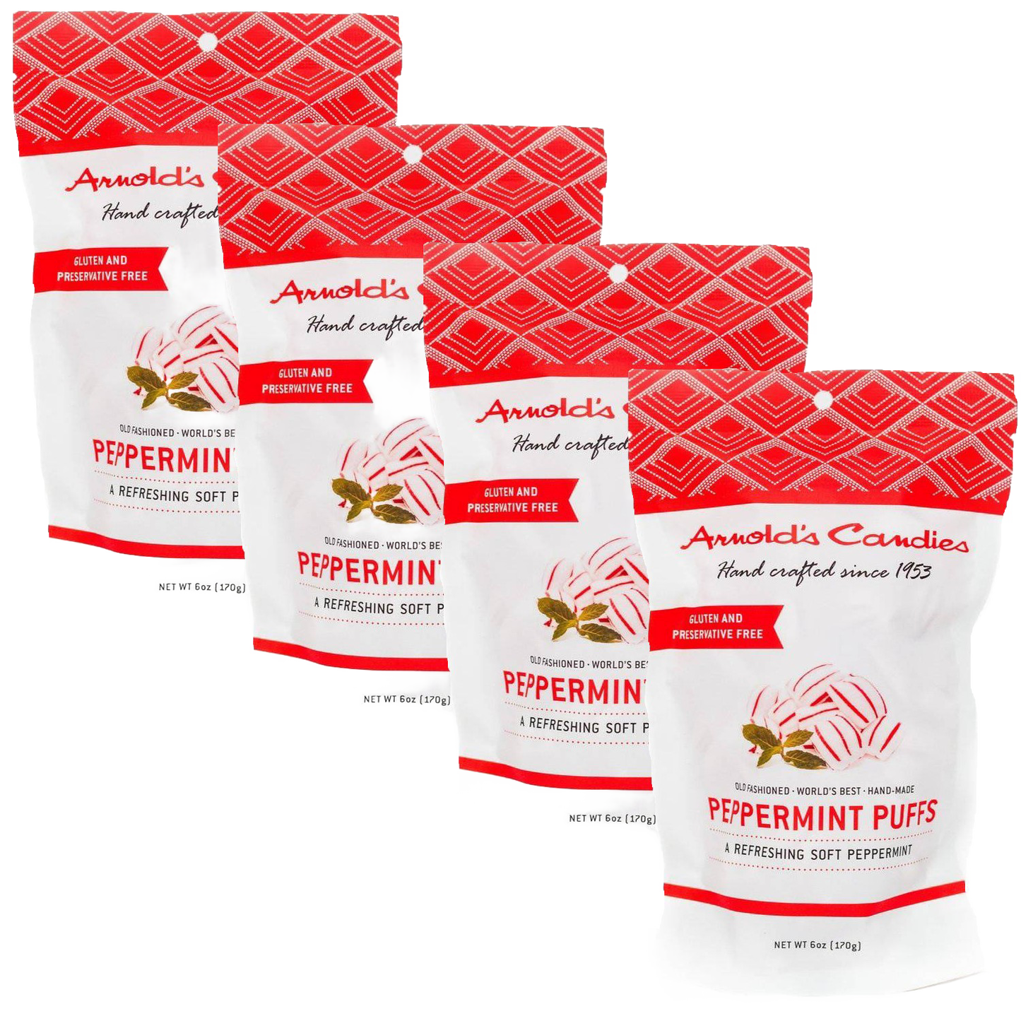 Four bags of handcrafted peppermint puffs with a light, soft texture, gluten and preservative free, made in the USA, suitable for Kitchen & Food, Snacks and Sweets, USA Made, Best Sellers, and Promo Eligible collections.