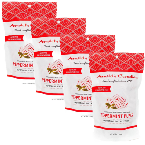 Four bags of handcrafted peppermint puffs with a light, soft texture, gluten and preservative free, made in the USA, suitable for Kitchen & Food, Snacks and Sweets, USA Made, Best Sellers, and Promo Eligible collections.
