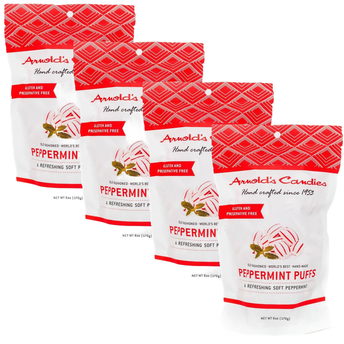Four bags of handcrafted peppermint puffs with a light, soft texture, gluten and preservative free, made in the USA, suitable for Kitchen & Food, Snacks and Sweets, USA Made, Best Sellers, and Promo Eligible collections.