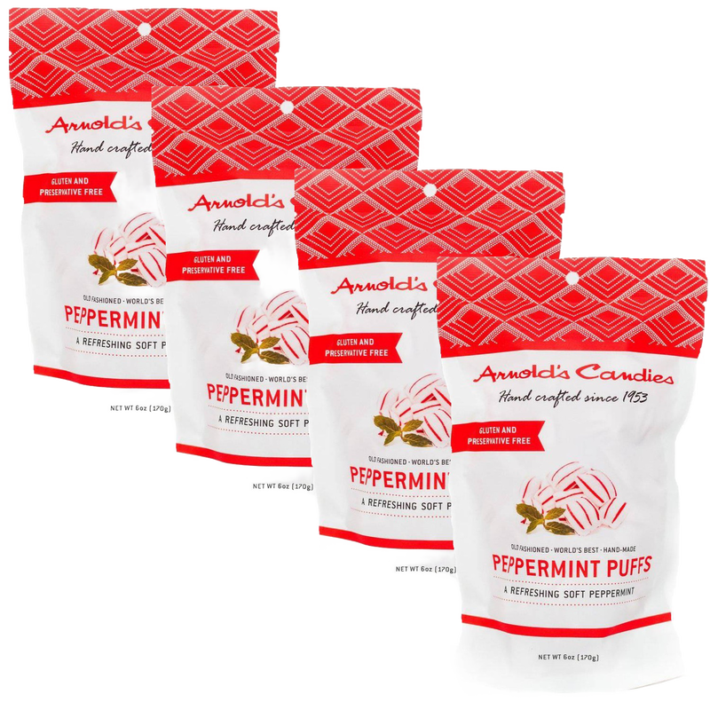 Four bags of handcrafted peppermint puffs with a light, soft texture, gluten and preservative free, made in the USA, suitable for Kitchen & Food, Snacks and Sweets, USA Made, Best Sellers, and Promo Eligible collections.