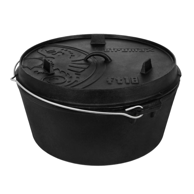 Robust cast iron Dutch oven with flat base, fitted with a detailed lid featuring a central handle and sturdy raised feet, perfect for outdoor cooking and kitchen use, featured in Kitchen & Food, Cookware, Cast Iron, Best Sellers, and Promo Eligible collections.