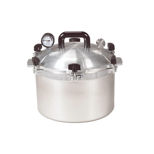 Sturdy aluminum pressure canner with multiple black locking clamps, pressure gauge, and top handle, designed for safe food preservation in Farm, Garden & Tool and Kitchen & Food collections.