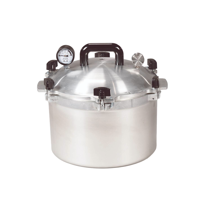 Sturdy aluminum pressure canner with multiple black locking clamps, pressure gauge, and top handle, designed for safe food preservation in Farm, Garden & Tool and Kitchen & Food collections.