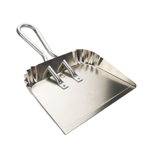 Large handcrafted dustpan made of rustproof aluminum with hanging loops and reinforced edges, designed for household cleaning in Home & Decor and USA Made collections.