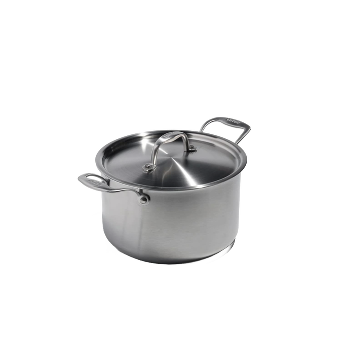 Handmade stainless steel 5-quart sauce pot with lid featuring fully clad construction, designed for durability in kitchen cookware, pots and pans, and best sellers collections.