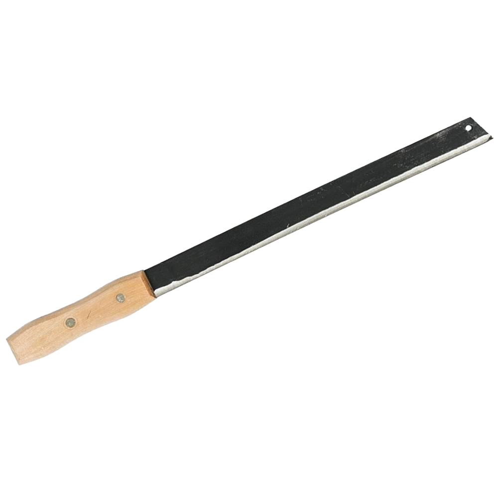 Flexible corn knife with a hardwood comfort grip and high carbon steel blade, secured with brass rivets, ideal for farm and garden tools, hand tools, and hardware collections.