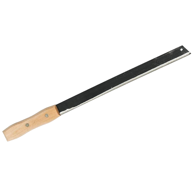 Flexible corn knife with a hardwood comfort grip and high carbon steel blade, secured with brass rivets, ideal for farm and garden tools, hand tools, and hardware collections.