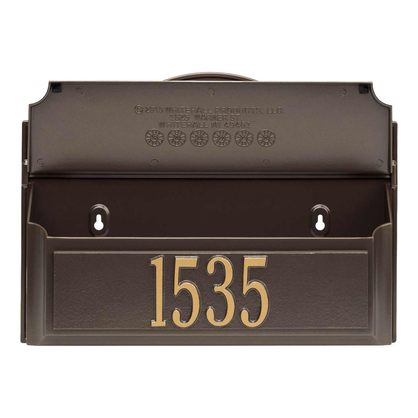 Handcrafted bronze wall mount mailbox with gold house number 1535, made in USA, designed to enhance curb appeal; ideal for Home & Decor, Mailboxes and Address Signs, and USA Made collections.