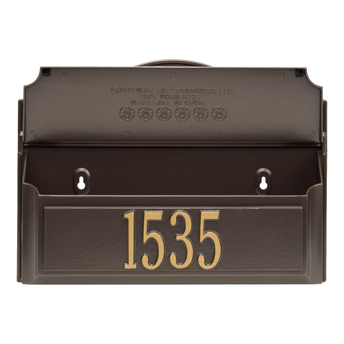 Handcrafted bronze wall mount mailbox with gold house number 1535, made in USA, designed to enhance curb appeal; ideal for Home & Decor, Mailboxes and Address Signs, and USA Made collections.