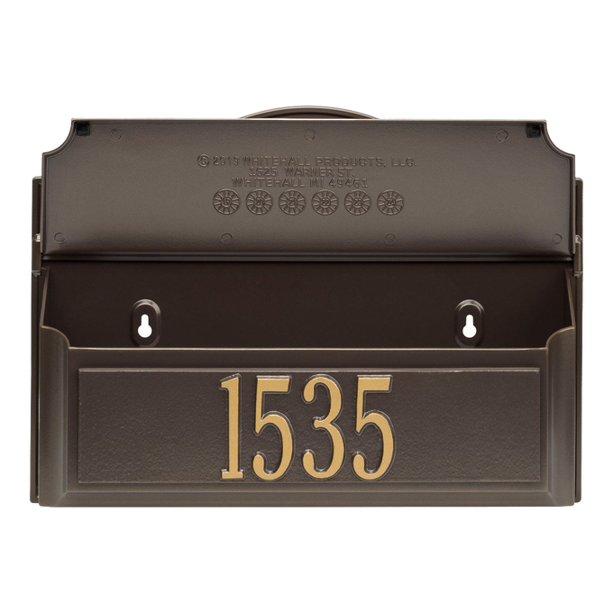 Handcrafted bronze wall mount mailbox with gold house number 1535, made in USA, designed to enhance curb appeal; ideal for Home & Decor, Mailboxes and Address Signs, and USA Made collections.
