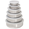 Set of six durable stainless steel nesting bowls with white plastic lids, designed for compact storage and versatile use in Kitchen & Food, Storage and Serving, Best Sellers, Promo Eligible collections.