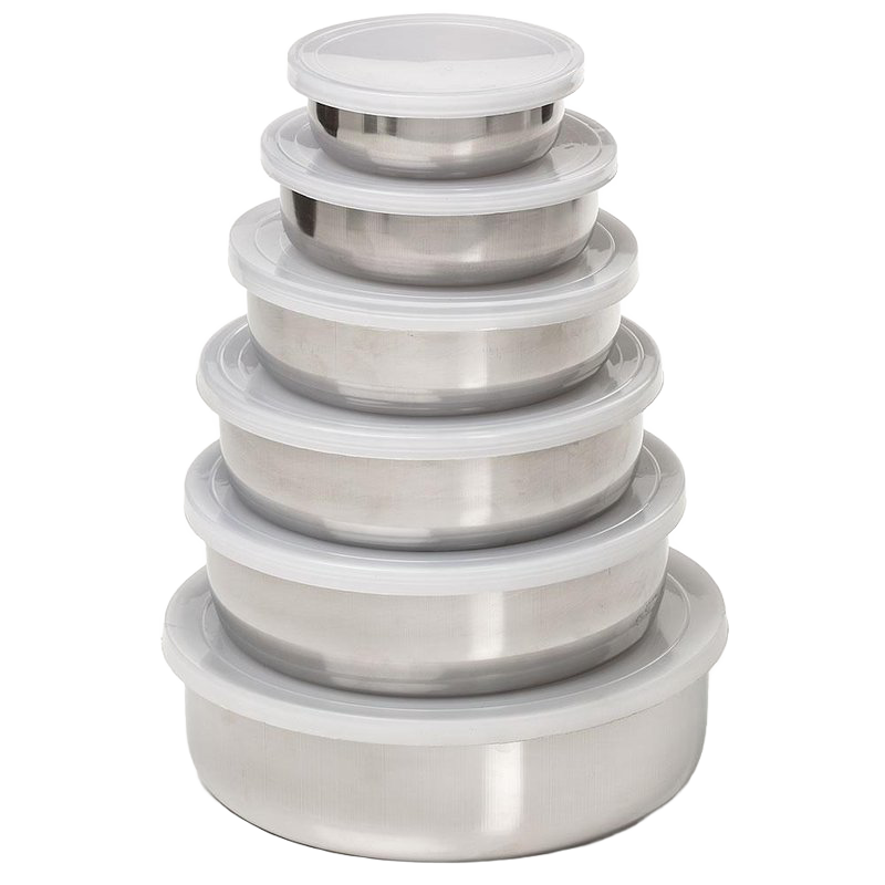 Set of six durable stainless steel nesting bowls with white plastic lids, designed for compact storage and versatile use in Kitchen & Food, Storage and Serving, Best Sellers, Promo Eligible collections.