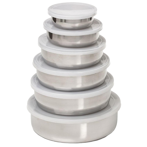 Set of six durable stainless steel nesting bowls with white plastic lids, designed for compact storage and versatile use in Kitchen & Food, Storage and Serving, Best Sellers, Promo Eligible collections.
