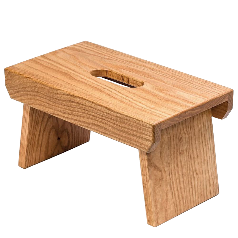 Handcrafted solid oak step stool with cut-out handle for easy carrying, made in USA by Amish craftsmen, featured in Home & Decor, Indoor Furniture, Amish Made, and Best Sellers collections.
