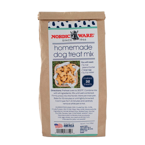 Brown paper bag of Nordic Ware homemade dog treat mix with recipe directions and ingredient list, featured in Home & Decor, Pet Supplies, Best Sellers, and Promo Eligible collections.