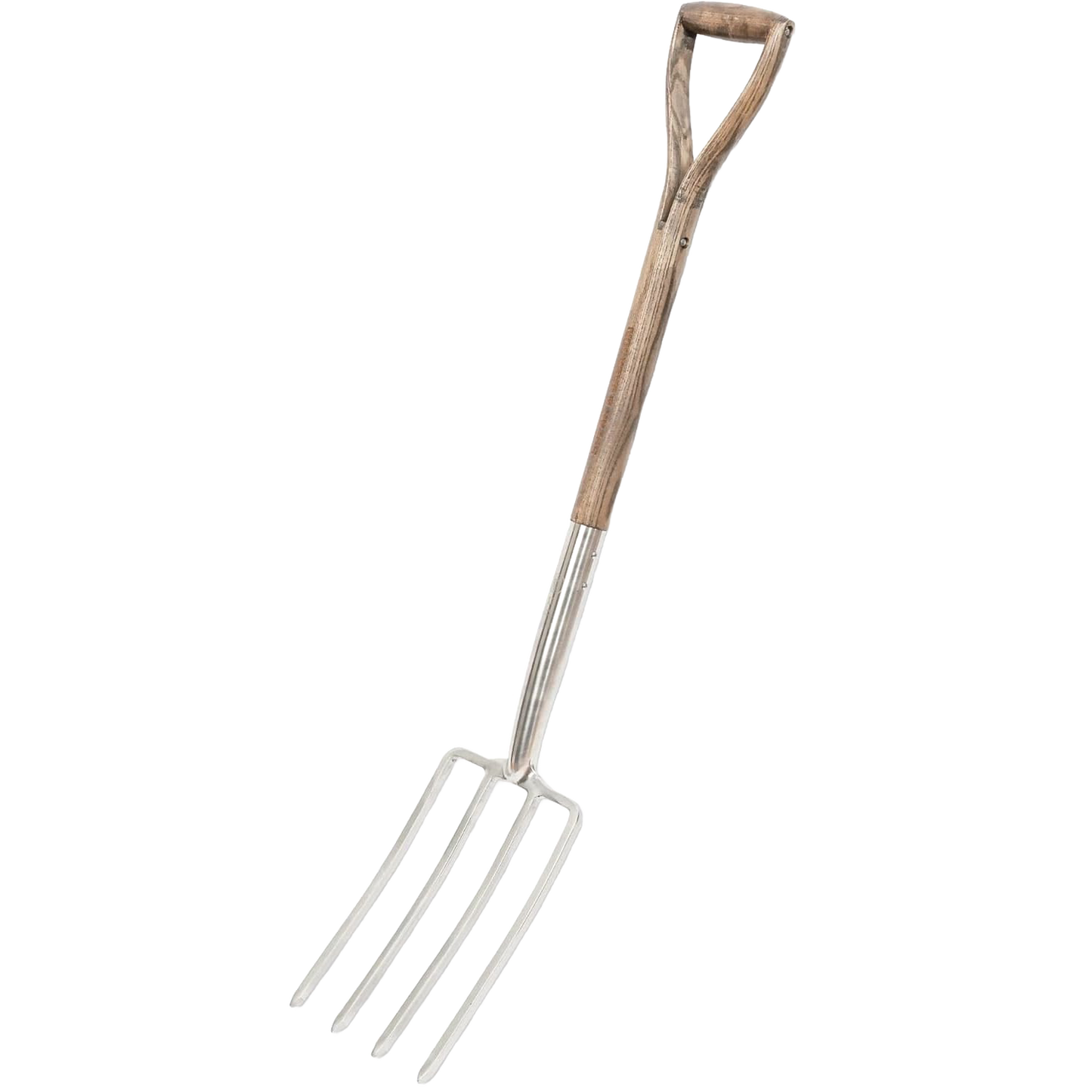 Traditional stainless steel digging fork with mirror-polished tines and weatherproof hardwood handle, designed for heavy soil breaking in farm, garden, and lawncare use.