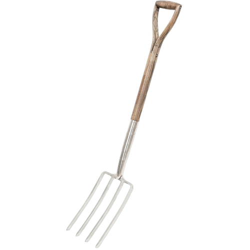 Traditional stainless steel digging fork with mirror-polished tines and weatherproof hardwood handle, designed for heavy soil breaking in farm, garden, and lawncare use.