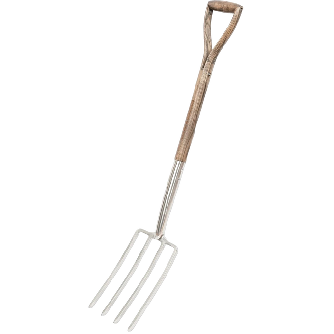 Traditional stainless steel digging fork with mirror-polished tines and weatherproof hardwood handle, designed for heavy soil breaking in farm, garden, and lawncare use.