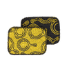 Two non-abrasive scrub cloths with skillet patterns in yellow and black, designed for gentle cookware cleaning, made in USA, featured in Kitchen & Food and Cast Iron collections.
