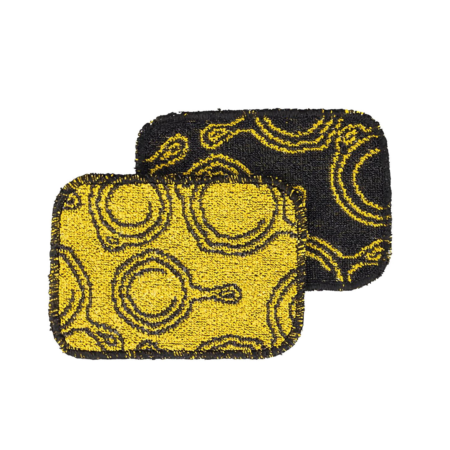 Two non-abrasive scrub cloths with skillet patterns in yellow and black, designed for gentle cookware cleaning, made in USA, featured in Kitchen & Food and Cast Iron collections.
