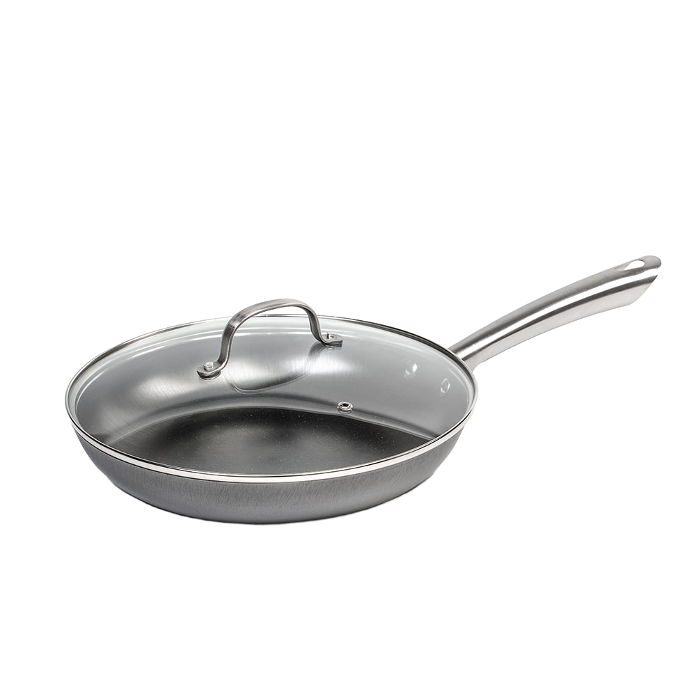 Lightweight nitrogen-hardened cast iron skillet with a smooth stainless steel handle and tempered glass lid, handcrafted for Kitchen & Food and Cookware collections.