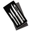 Set of four handcrafted stainless steel kitchen utensils including three paring knives and a vegetable peeler, made in USA, ideal for Food Prep, Kitchen Knives, and Best Sellers collections.
