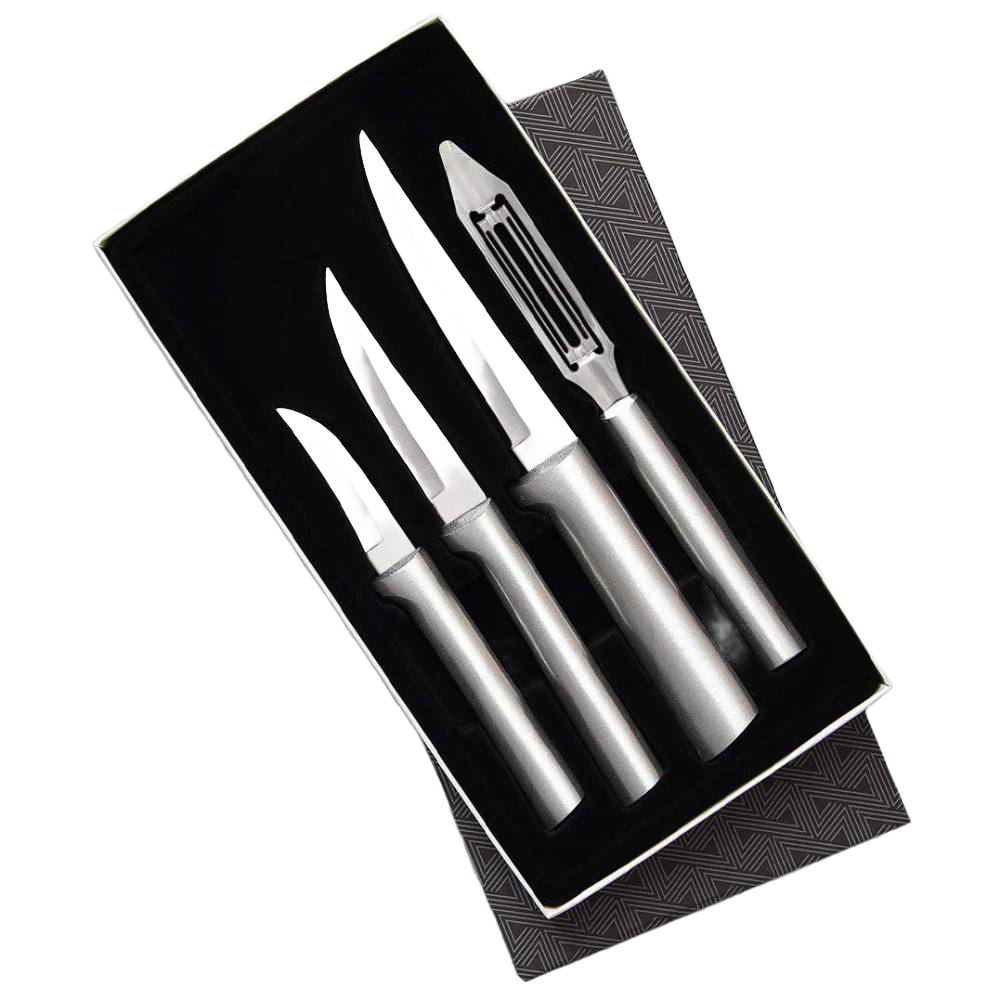 Set of four handcrafted stainless steel kitchen utensils including three paring knives and a vegetable peeler, made in USA, ideal for Food Prep, Kitchen Knives, and Best Sellers collections.