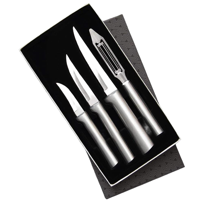 Set of four handcrafted stainless steel kitchen utensils including three paring knives and a vegetable peeler, made in USA, ideal for Food Prep, Kitchen Knives, and Best Sellers collections.
