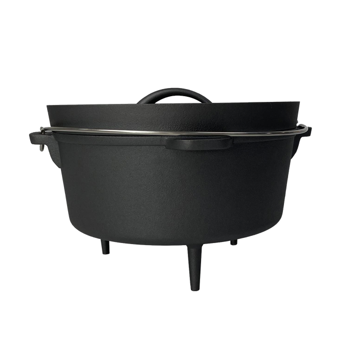 Sturdy nitrogen hardened cast iron Dutch oven with smooth, stick-resistant surface, three legs for outdoor cooking, crafted for Farm, Garden & Tool, Kitchen & Food, Camping, and Cast Iron collections.