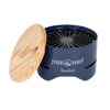 Compact tabletop charcoal grill with a durable navy blue metal body and a removable wooden lid featuring a branded burned-in logo, ideal for camping and outdoor grilling.