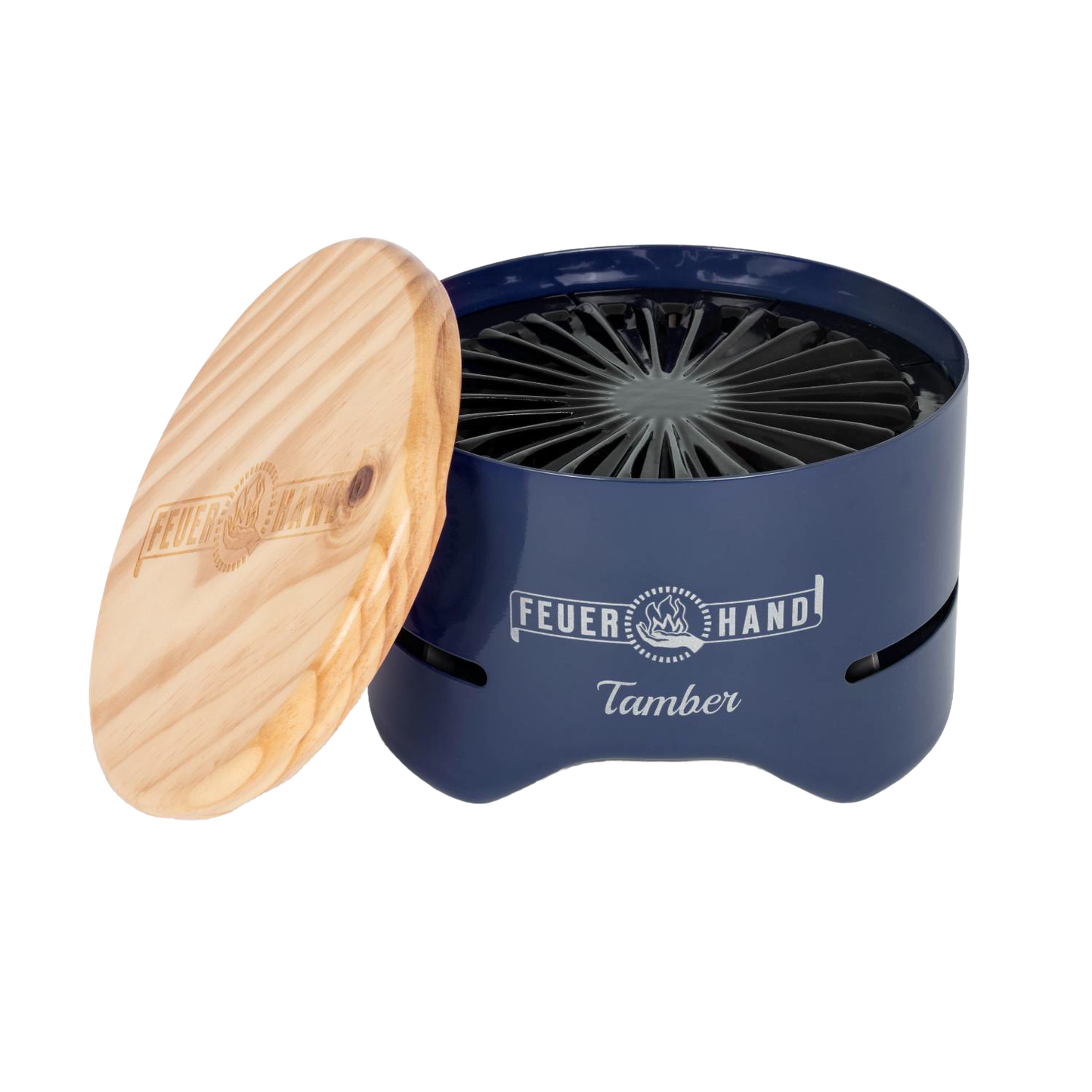 Compact tabletop charcoal grill with a durable navy blue metal body and a removable wooden lid featuring a branded burned-in logo, ideal for camping and outdoor grilling.