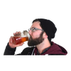 Man wearing glasses and a black beanie sipping a drink from a wide-mouth mason jar with a clear reusable drinking lid, part of Kitchen & Food, USA Made, and Best Sellers collections.