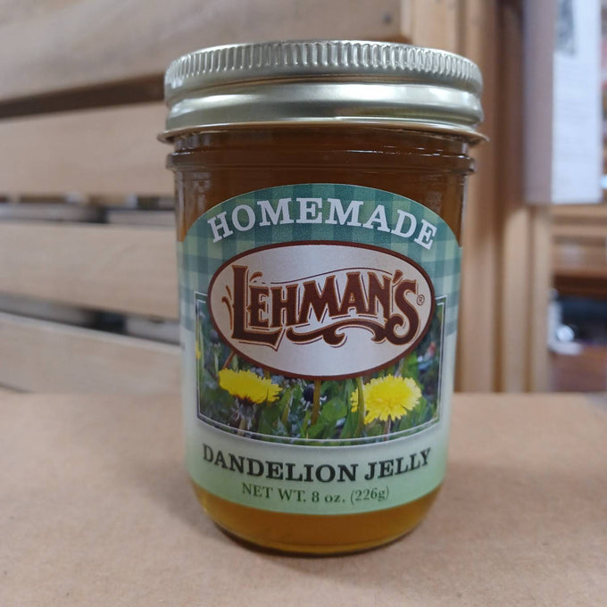 Glass jar of handcrafted Lehman's homemade dandelion jelly with natural ingredients, made in USA, ideal for Kitchen & Food, Pantry, and Best Sellers collections.