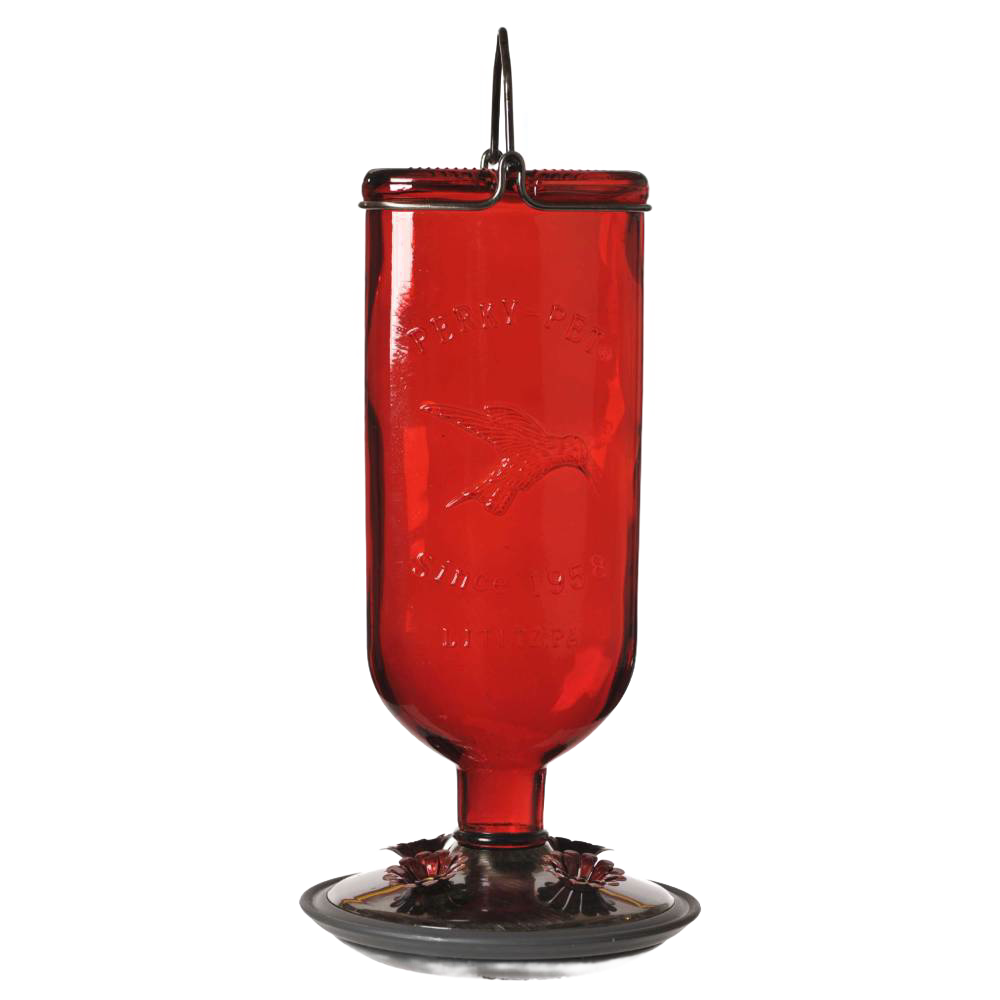 Red vintage-style glass hummingbird feeder with embossed bird design, brushed copper accents, and hanging hook, handcrafted for Farm, Garden & Tool and Animal Care collections.