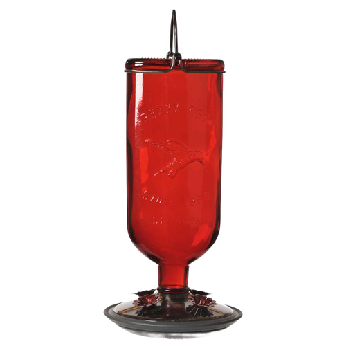 Red vintage-style glass hummingbird feeder with embossed bird design, brushed copper accents, and hanging hook, handcrafted for Farm, Garden & Tool and Animal Care collections.