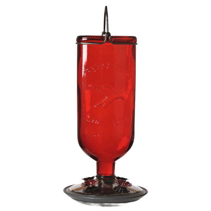 Red vintage-style glass hummingbird feeder with embossed bird design, brushed copper accents, and hanging hook, handcrafted for Farm, Garden & Tool and Animal Care collections.