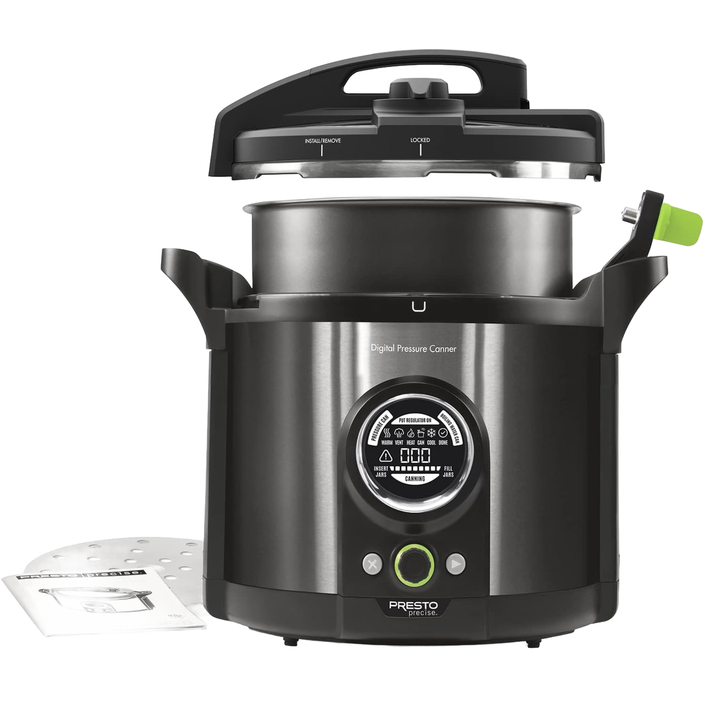 Electric digital pressure canner with stainless steel and black housing, featuring a round digital display and green-accented control button, part of Kitchen & Food, Food Preservation, and Pressure Canners collections.