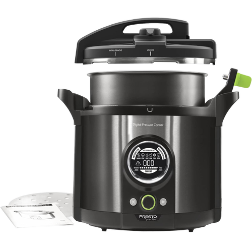 Electric digital pressure canner with stainless steel and black housing, featuring a round digital display and green-accented control button, part of Kitchen & Food, Food Preservation, and Pressure Canners collections.