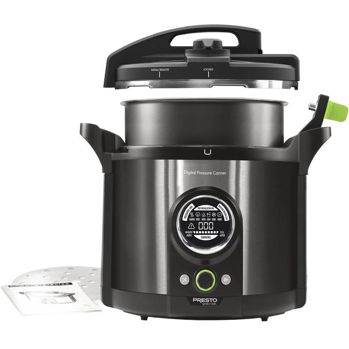 Electric digital pressure canner with stainless steel and black housing, featuring a round digital display and green-accented control button, part of Kitchen & Food, Food Preservation, and Pressure Canners collections.