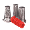 Set of three stainless steel milling cones with varying perforations and a red plastic pusher, designed for efficient food prep in Kitchen & Food, Food Mills, and Best Sellers collections.