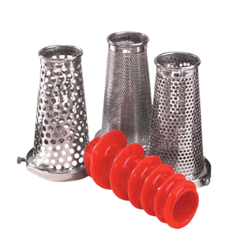 Set of three stainless steel milling cones with varying perforations and a red plastic pusher, designed for efficient food prep in Kitchen & Food, Food Mills, and Best Sellers collections.