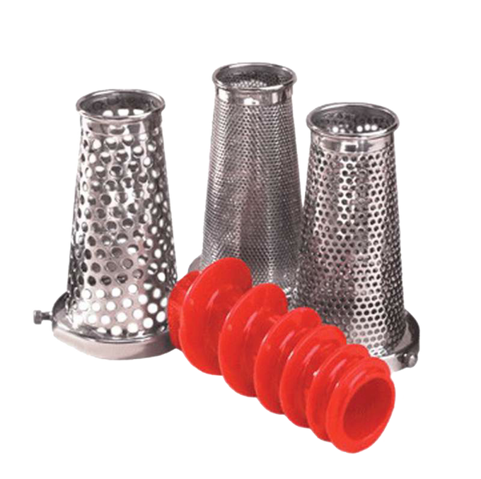 Set of three stainless steel milling cones with varying perforations and a red plastic pusher, designed for efficient food prep in Kitchen & Food, Food Mills, and Best Sellers collections.