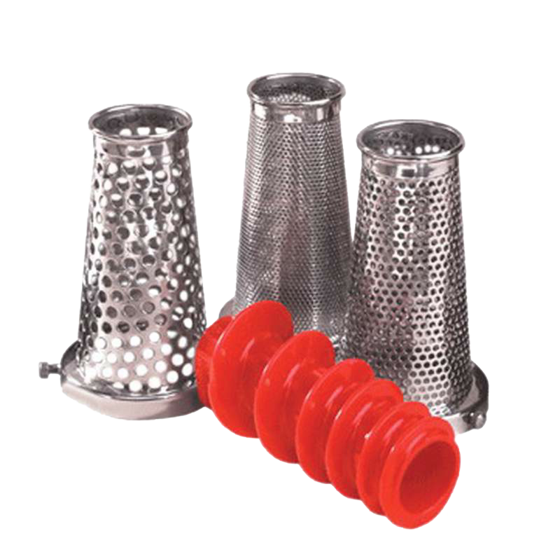Set of three stainless steel milling cones with varying perforations and a red plastic pusher, designed for efficient food prep in Kitchen & Food, Food Mills, and Best Sellers collections.